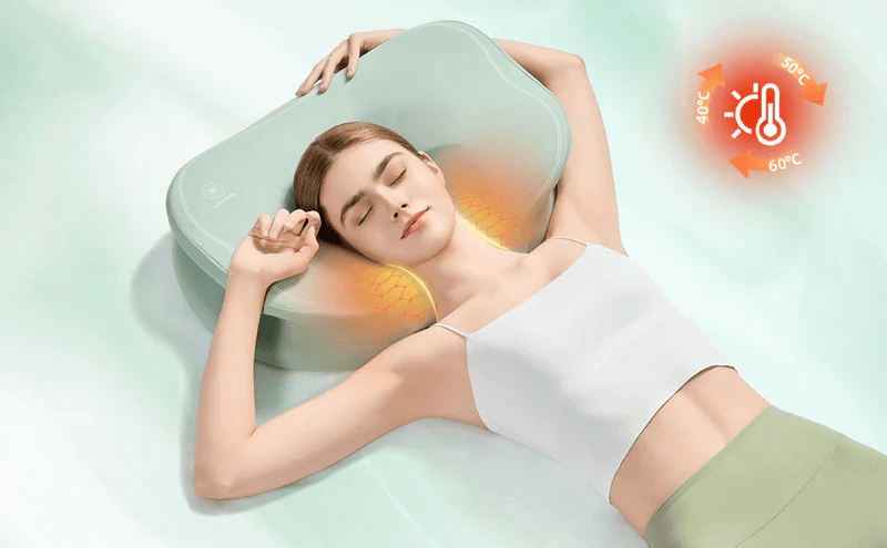 Woman using Nitetronic H02 Lotus Cervical Neck Care Pillow with temperature control for neck pain relief and better sleep.