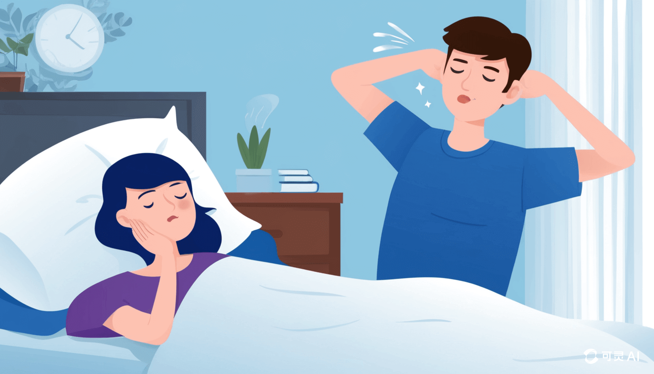 A woman trying to sleep while her partner snores loudly, illustrating the need for an anti-snoring pillow for better sleep quality.
