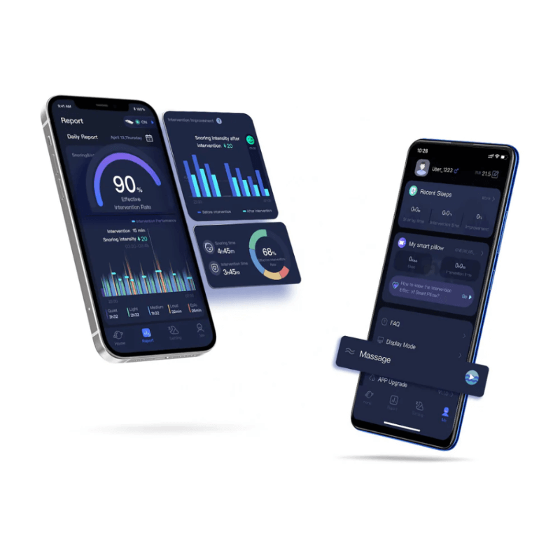Screenshots of mobile sleep apps showing sleep quality analytics and reports on smartphone screens.