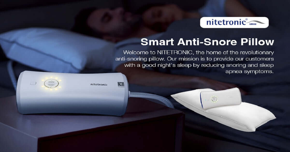 Nitetronic Smart Anti-Snore Pillow in bedroom, designed to reduce snoring and improve sleep, featuring comfortable smart technology.