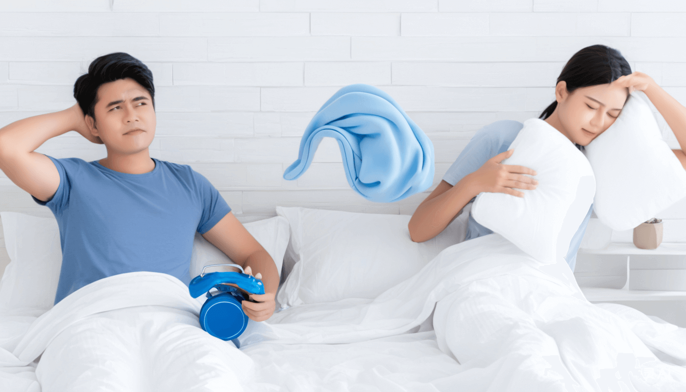 Couple in bed dealing with snoring issues; woman uses anti-snoring pillow while man holds alarm clock, showcasing sleep disruption.