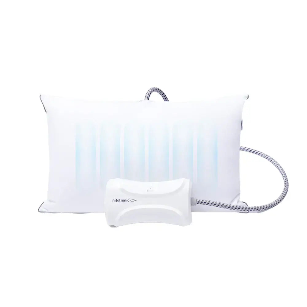 Smart pillow with attached control unit showcasing modern sleep technology.