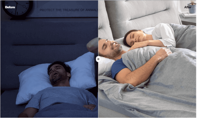 Comparison of a man sleeping before and after using Nitetronic's anti-snore pillow, showing improved sleep quality.
