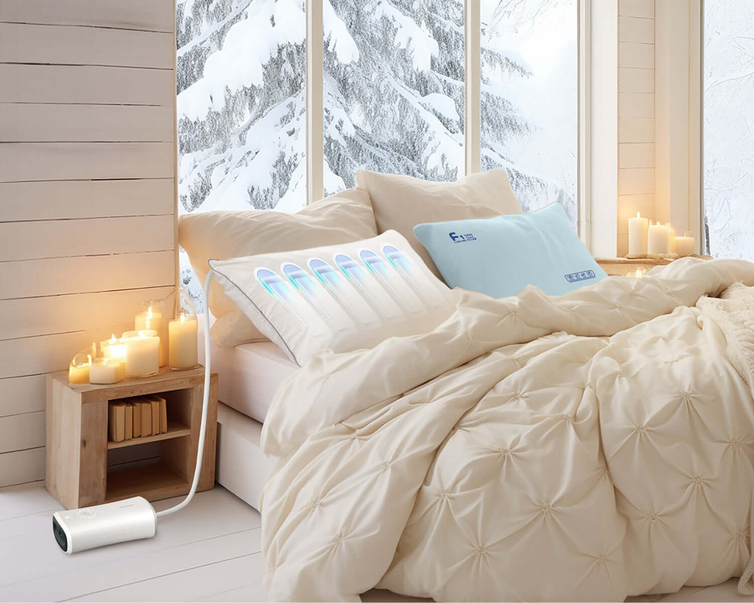 Cozy winter bedroom with anti-snore pillow and candles, enhancing sleep quality and promoting restful health.