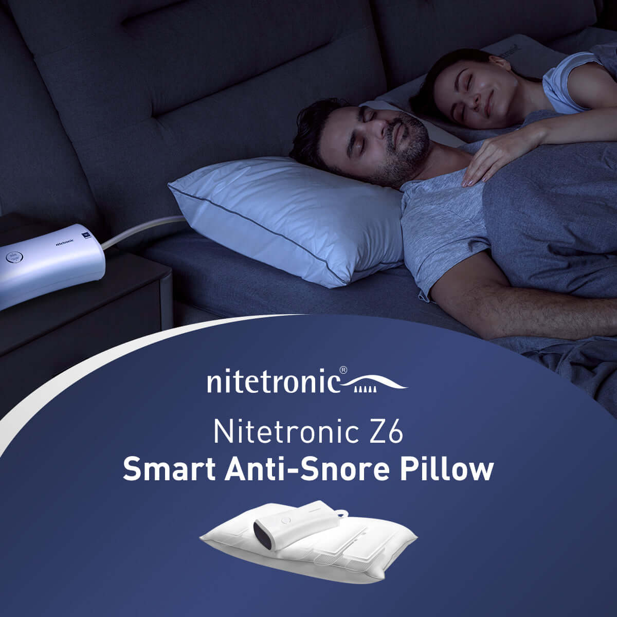 Couple sleeping peacefully using Nitetronic Z6 Smart Anti-Snore Pillow, designed to reduce snoring and improve sleep quality.
