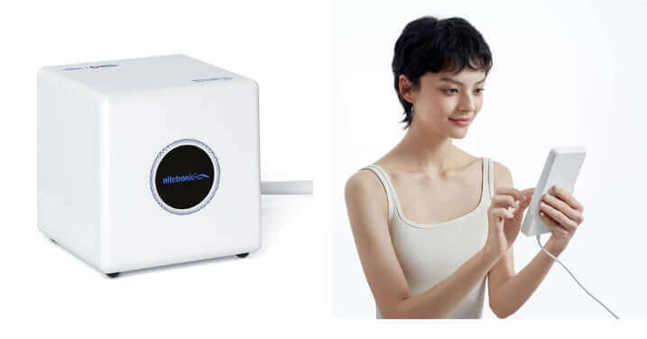 Nitetronic G1 Smart Mattress Pad with control unit and user holding a smartphone app for enhanced sleep experience.