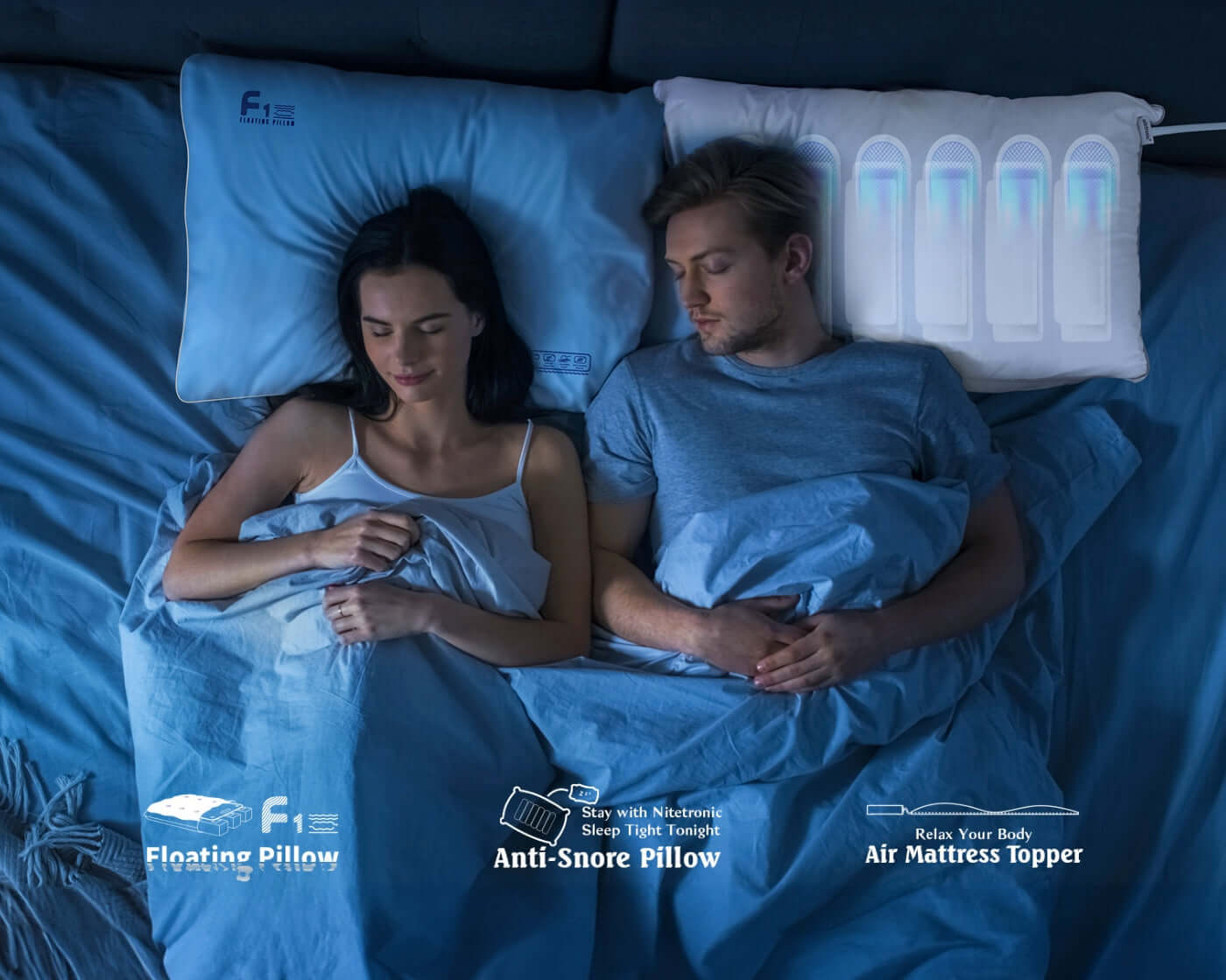Couple sleeping with anti-snore pillows, highlighting floating pillow and air mattress topper features for better sleep.