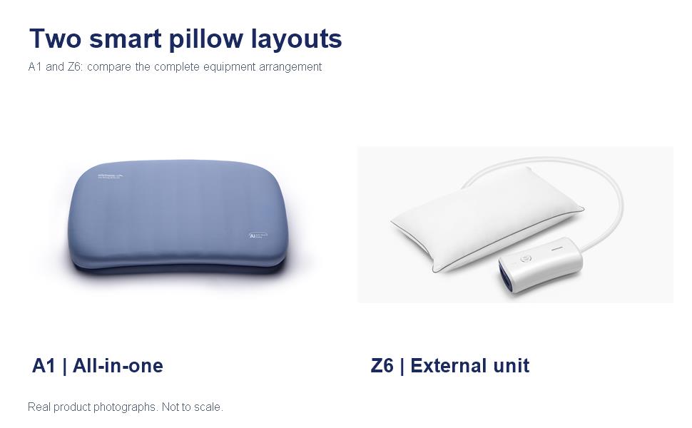 Real product photographs comparing the Nitetronic A1 integrated pillow and Z6 pillow with its external bedside unit; not to scale