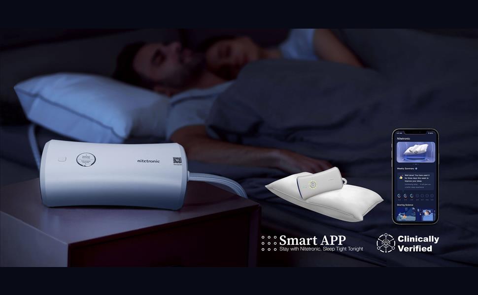 Nitetronic Z6 smart pillow, control unit and sleep-report app displayed beside a sleeping couple