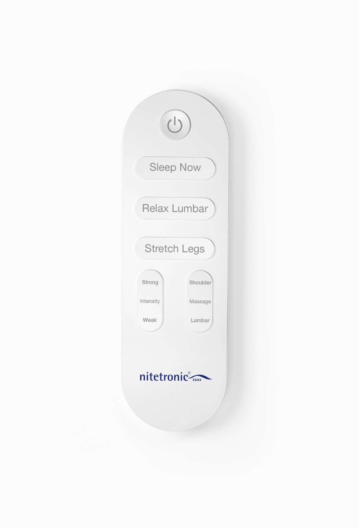 Remote control for a mattress with functions for sleep, lumbar support, and leg stretch, brand name "nitetronic" visible.