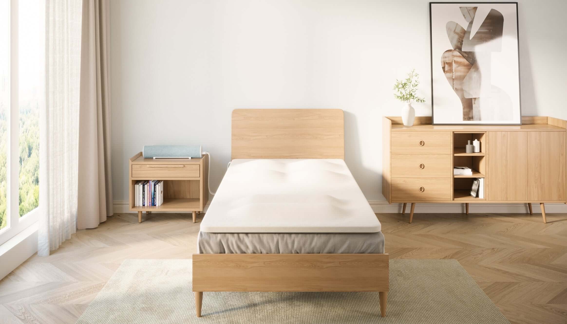 Minimalist bedroom with wooden furniture, featuring a bed, side table, and dresser, decorated with modern art and soft natural lighting.