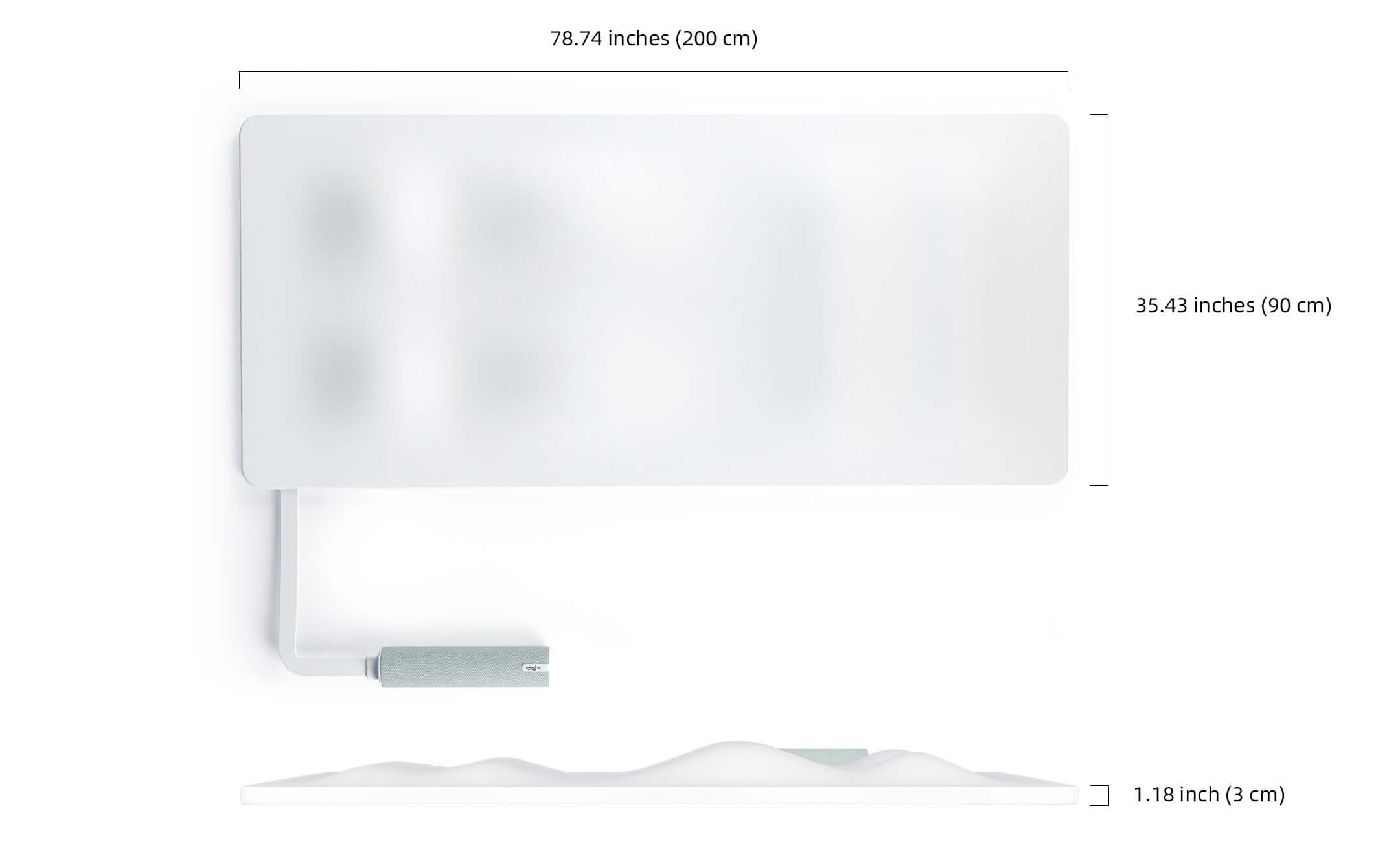 Wall-mounted rectangular panel dimensions: 78.74 inches (200 cm) wide, 35.43 inches (90 cm) tall, and 1.18 inches (3 cm) thick.