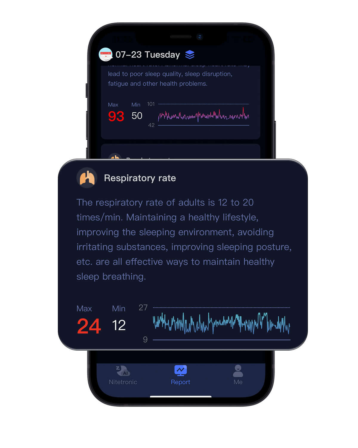Mobile app interface displaying daily respiratory rate data and health tips for maintaining healthy sleep breathing.
