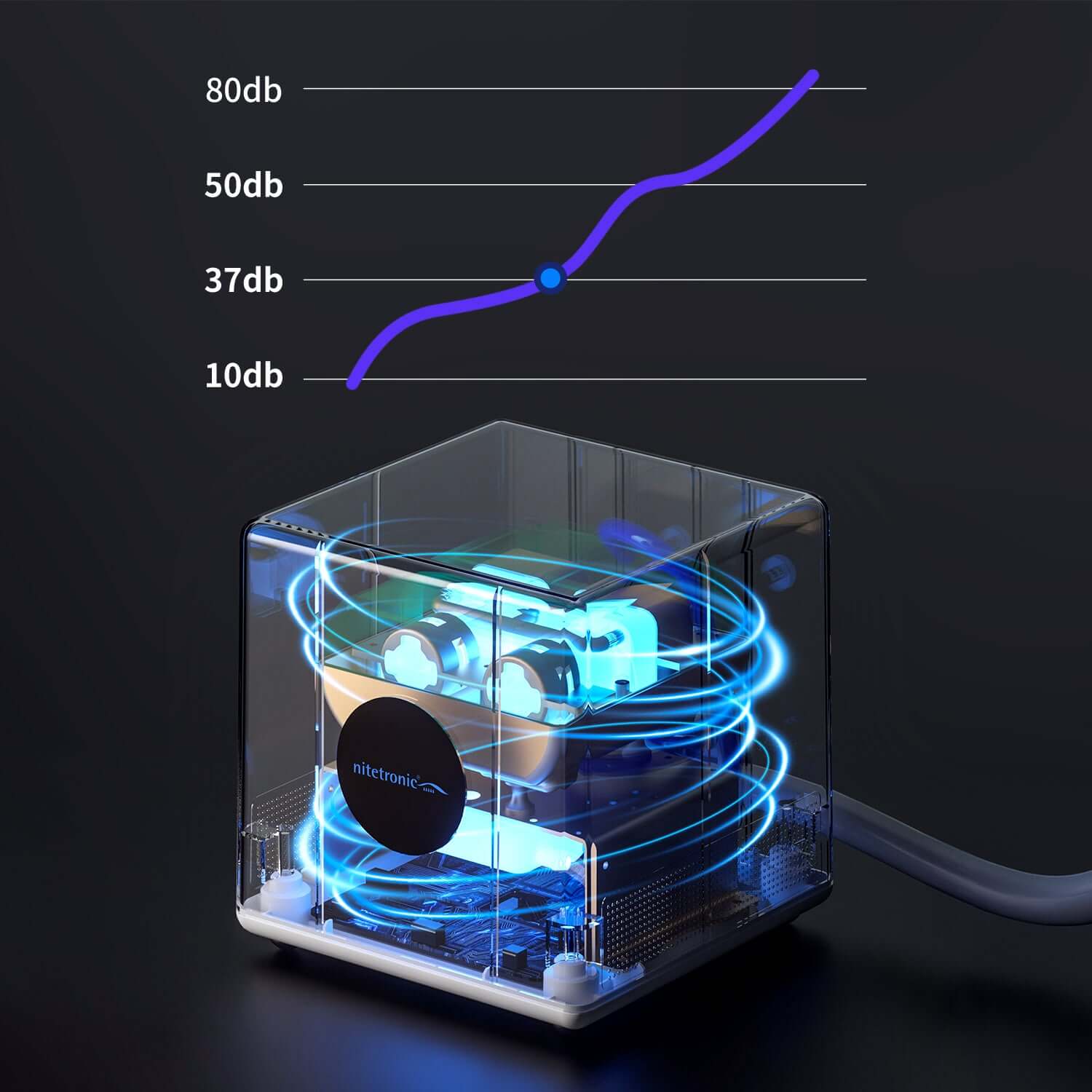 Innovative transparent device with glowing neon tech lines measuring sound decibels from 10db to 80db. Modern technology display.