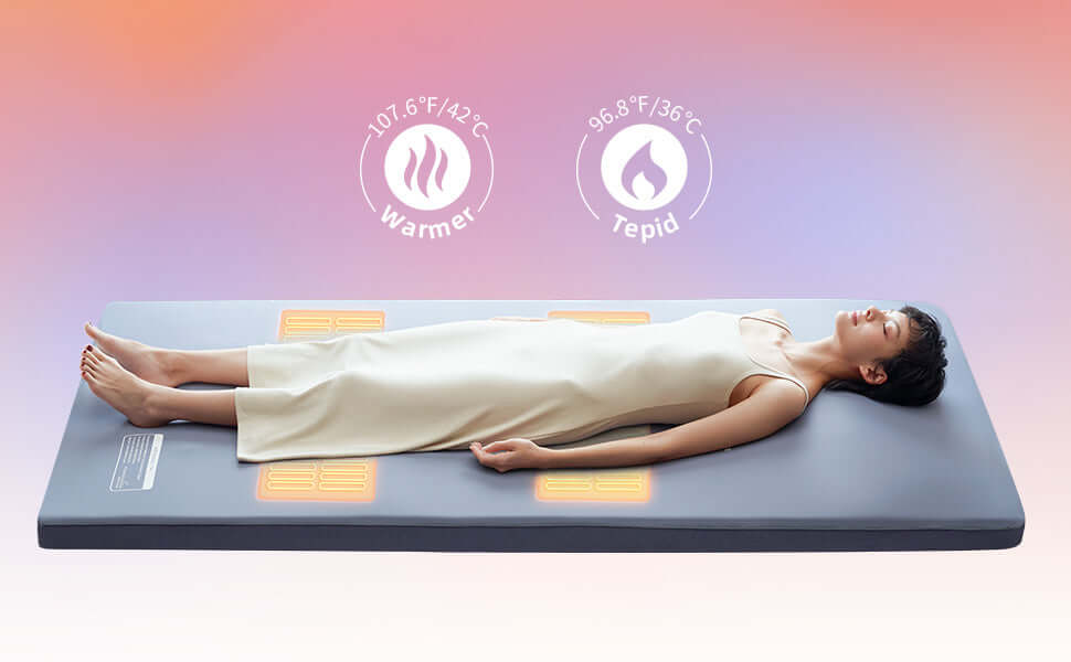 Person relaxing on a heated mat with temperature settings, illustrating comfort and warmth for relaxation and wellness.