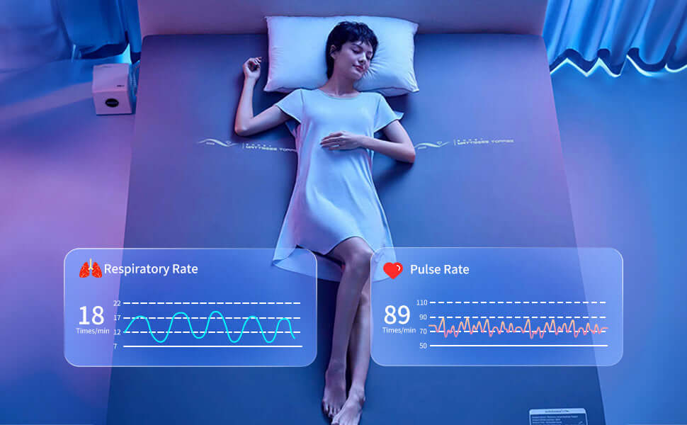 Woman sleeping peacefully with respiratory and pulse rate data displayed, showing health monitoring technology in use.