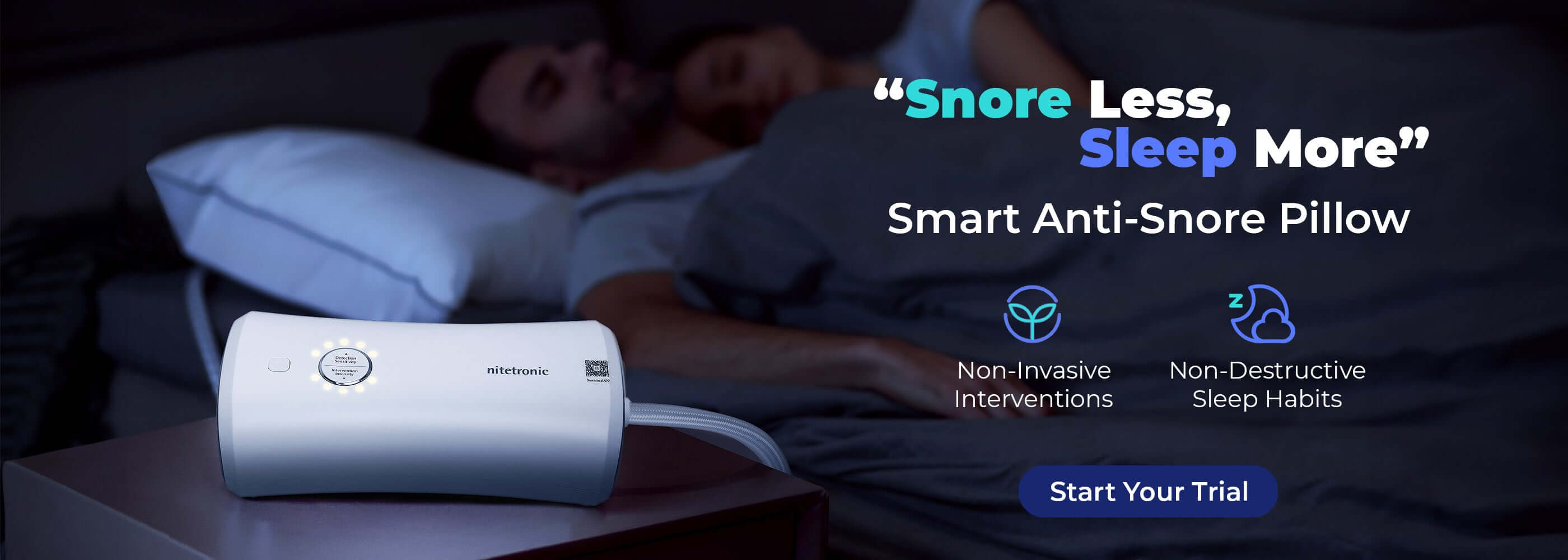 Couple sleeping peacefully using smart anti-snore pillow for non-invasive intervention and better sleep habits.