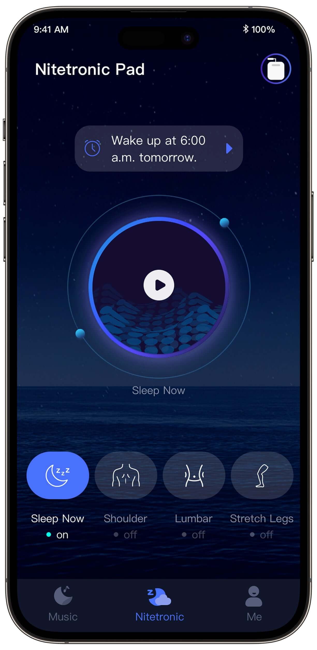 Nitetronic app interface showing sleep settings and options for wake-up alarm on smartphone screen.