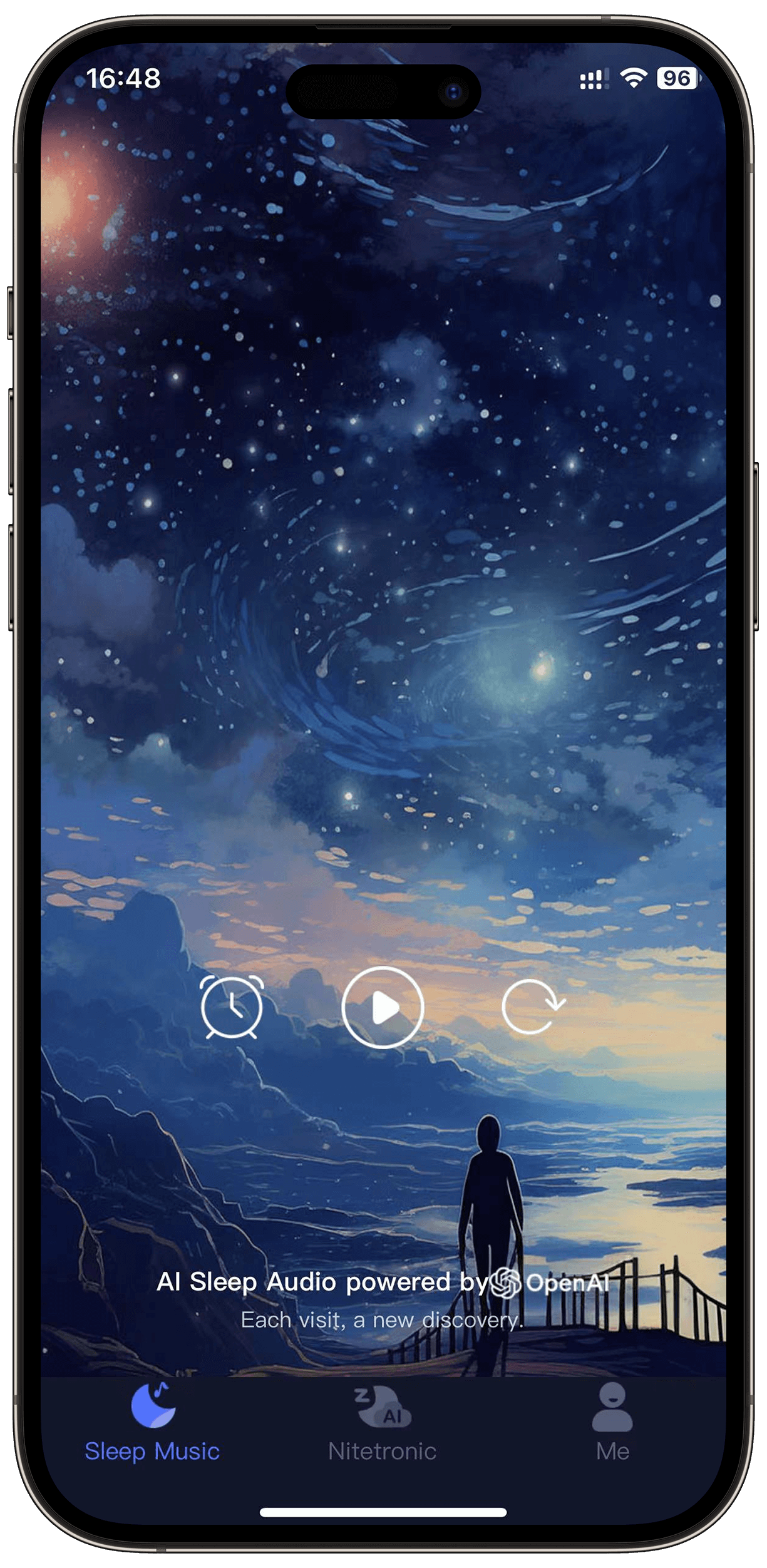 Smartphone screen showing AI sleep audio app with serene night sky graphics and playback controls.