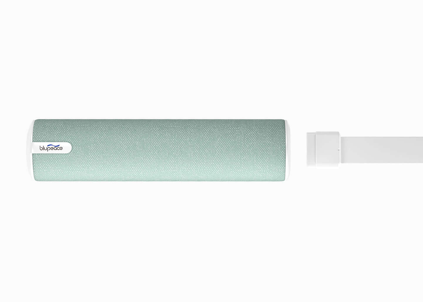 Light green rolling window shade with white mounting bracket on a white background.