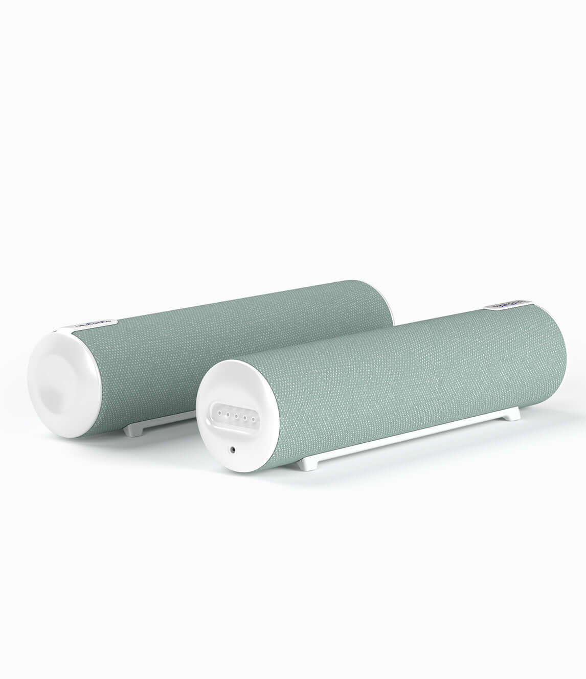 Sleek modern cylindrical speakers in light green design on a white stand, ideal for enhancing any room's audio experience.