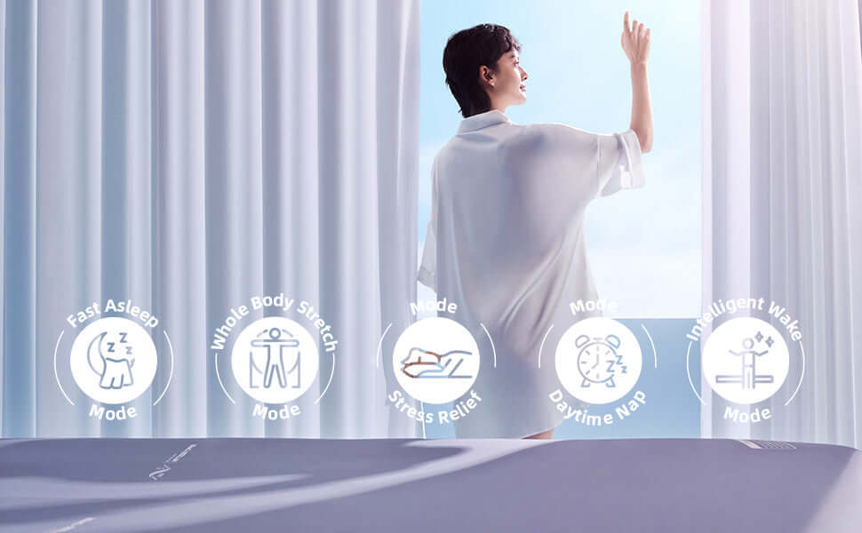 Person enjoying morning sunlight with icons for sleep modes and stress relief, promoting relaxation and wellness in a serene setting.