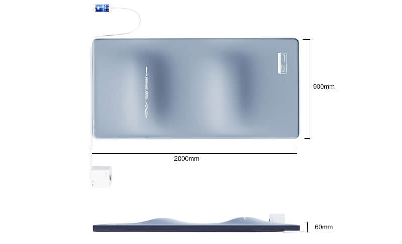 ThermoPlank heating pad with dimensions of 2000mm x 900mm and a thickness of 60mm, shown in top and side view.