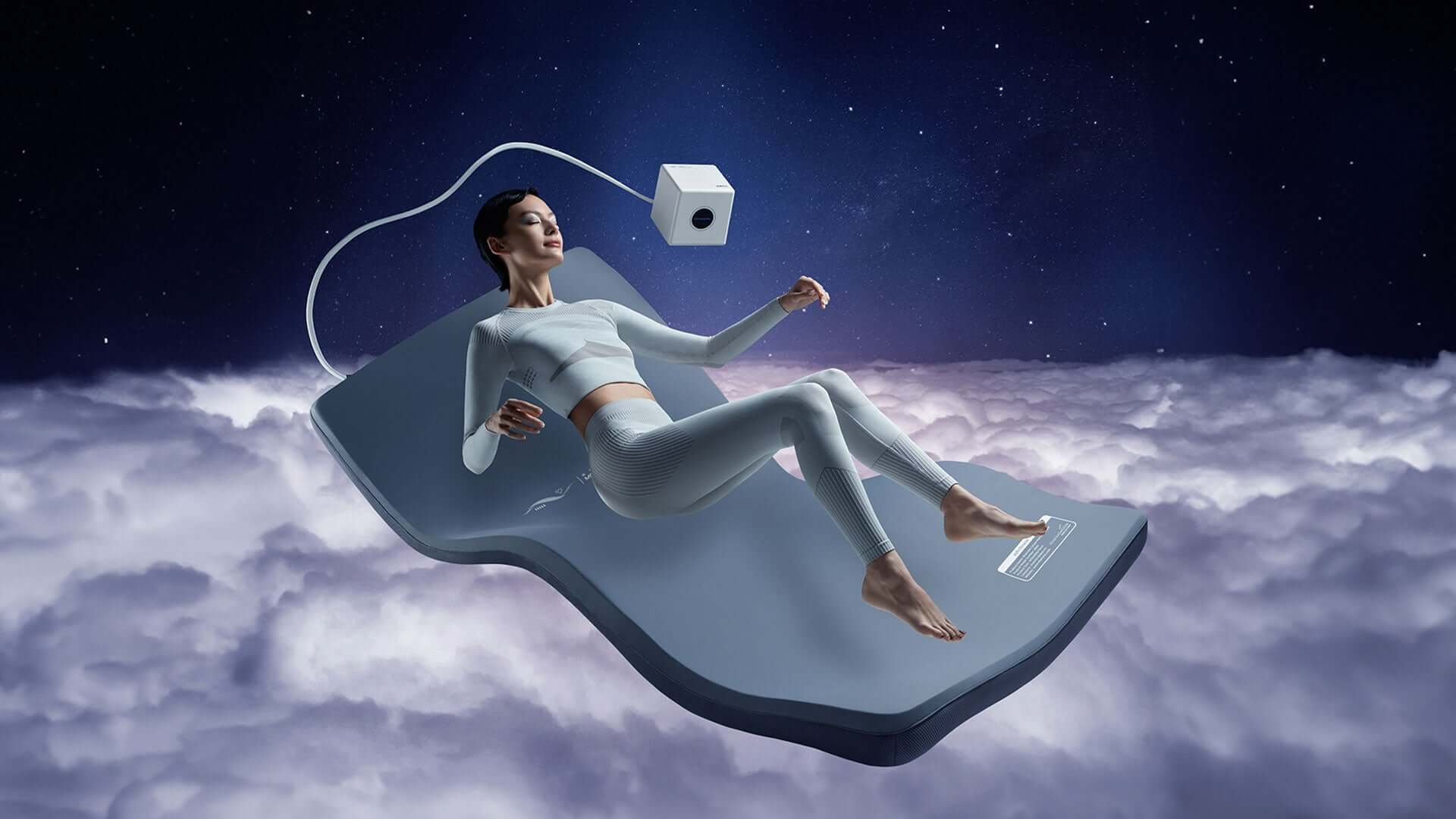 Woman in yoga pose on futuristic floating mat amidst clouds, representing meditation and relaxation concept.