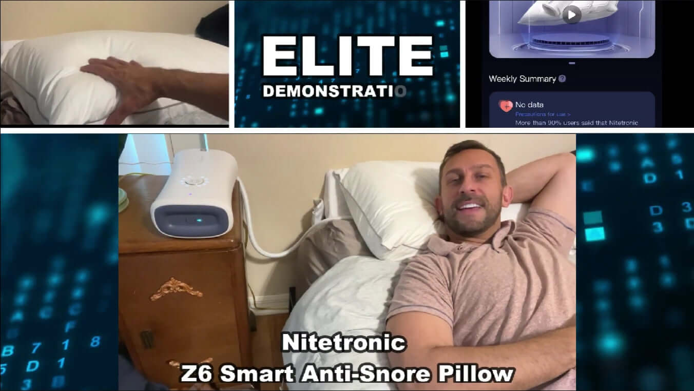 Man using Nitetronic Z6 Smart Anti-Snore Pillow with breathing monitor, demonstrating sleep technology benefits.
