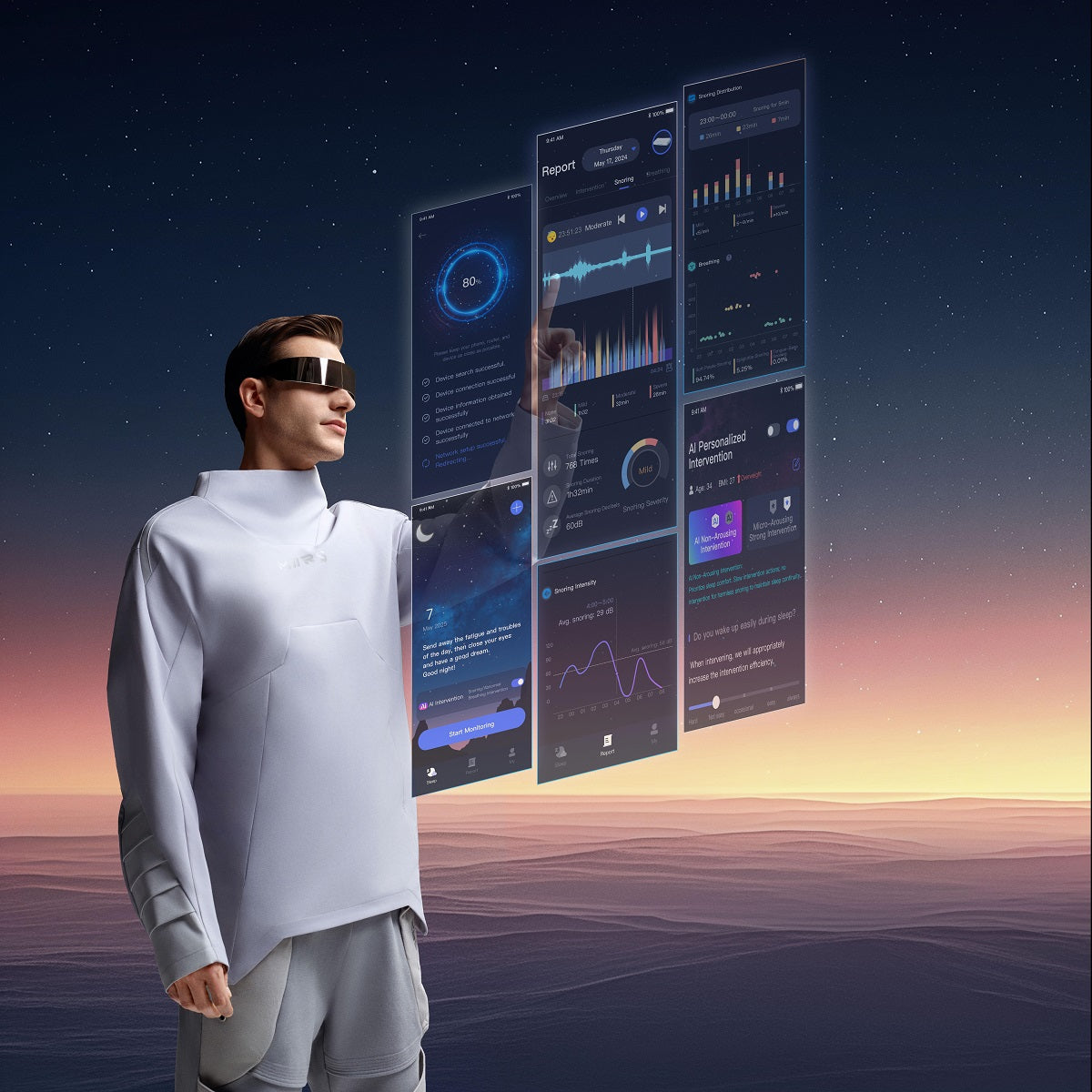 Person in futuristic attire interacting with holographic data displays against a digital sunset backdrop, showcasing technology innovation.
