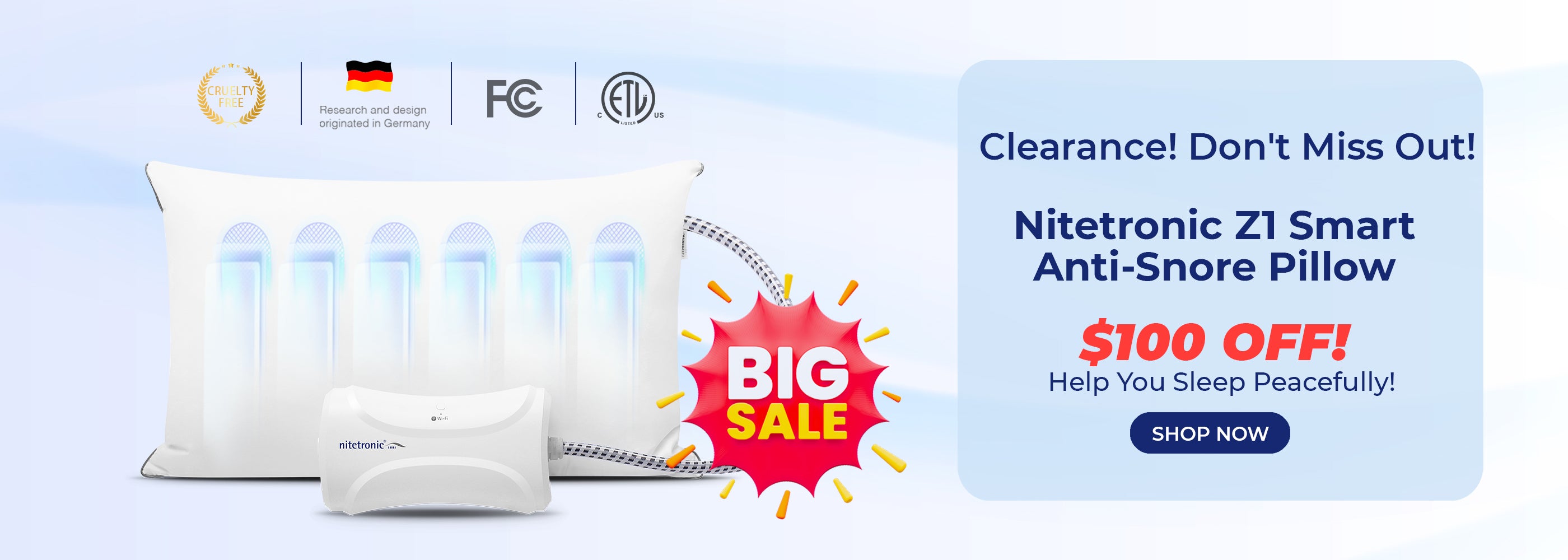 Nitetronic Z1 Smart Anti-Snore Pillow on sale, $100 off. Clearance offer highlighted on a blue background.