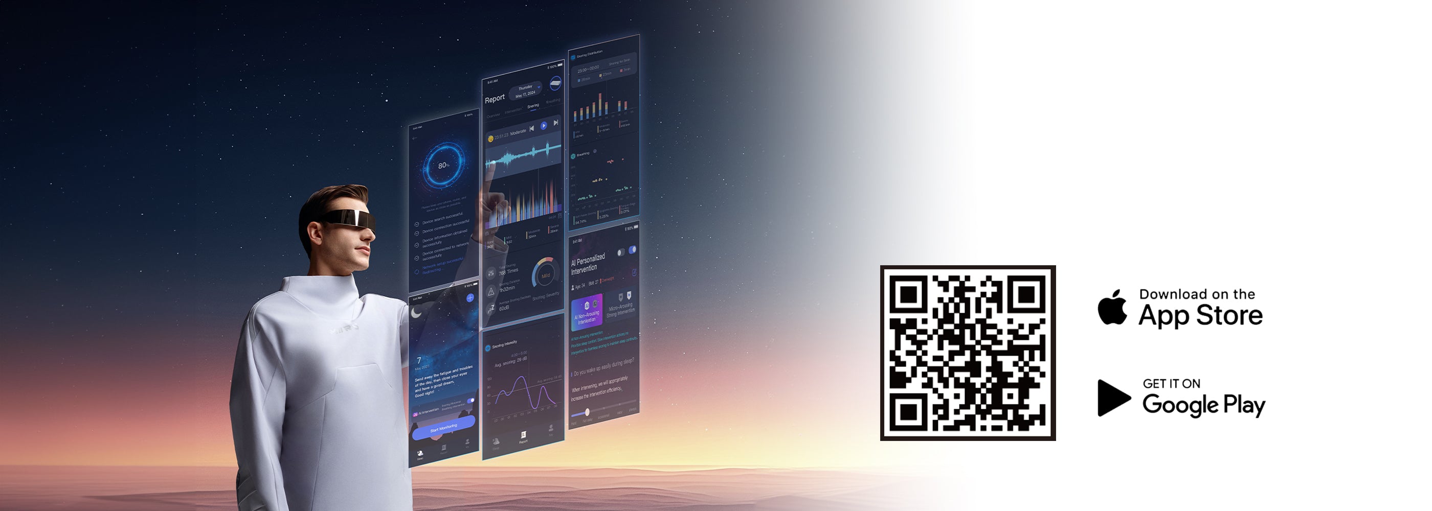 Man using futuristic virtual interface with QR code to download app from App Store and Google Play.