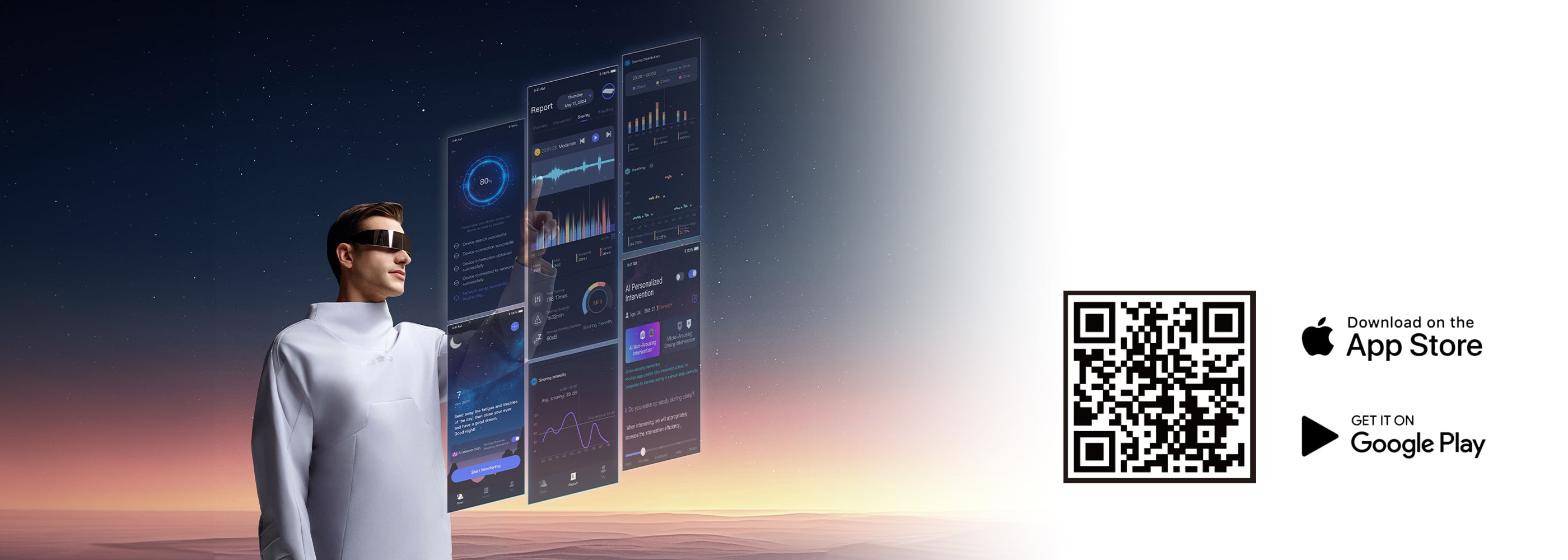 Futuristic user interface with man interacting in virtual reality, app download links for Apple App Store and Google Play, QR code included.