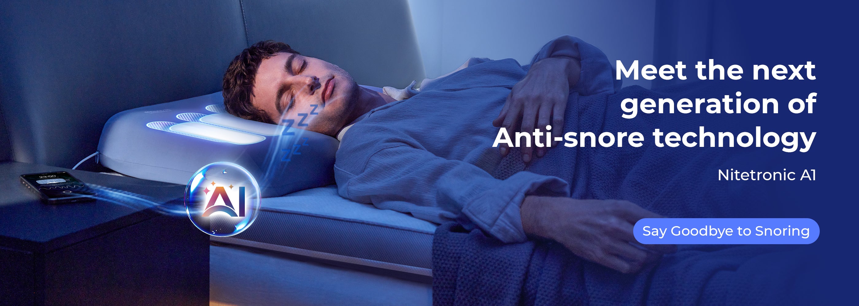 Person sleeping on advanced anti-snore pillow with AI technology, promoting snoring solutions.