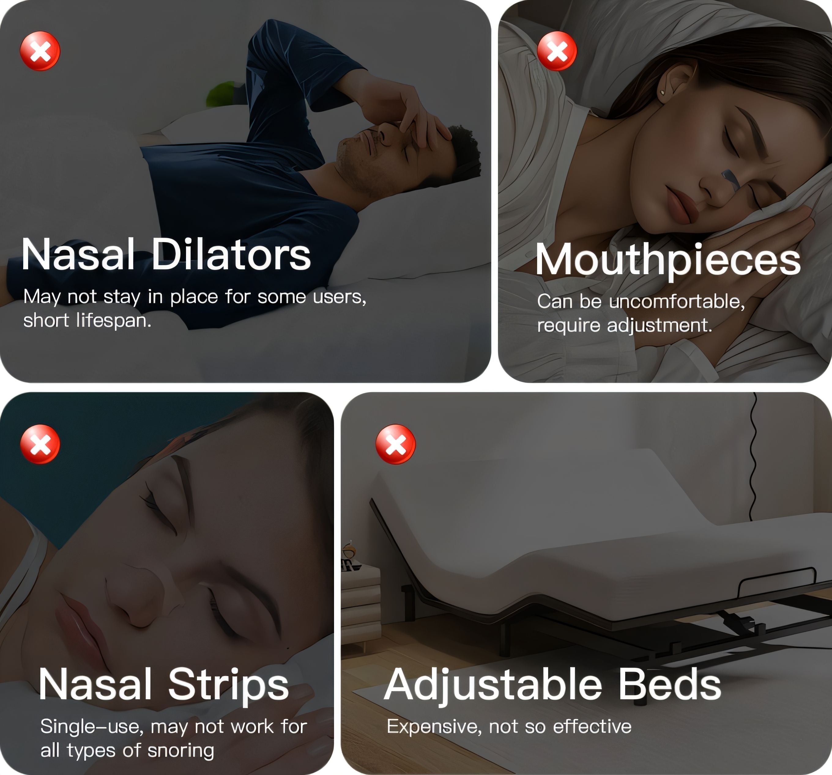 Comparison of anti-snoring devices: nasal dilators, mouthpieces, nasal strips, and adjustable beds with drawbacks listed.