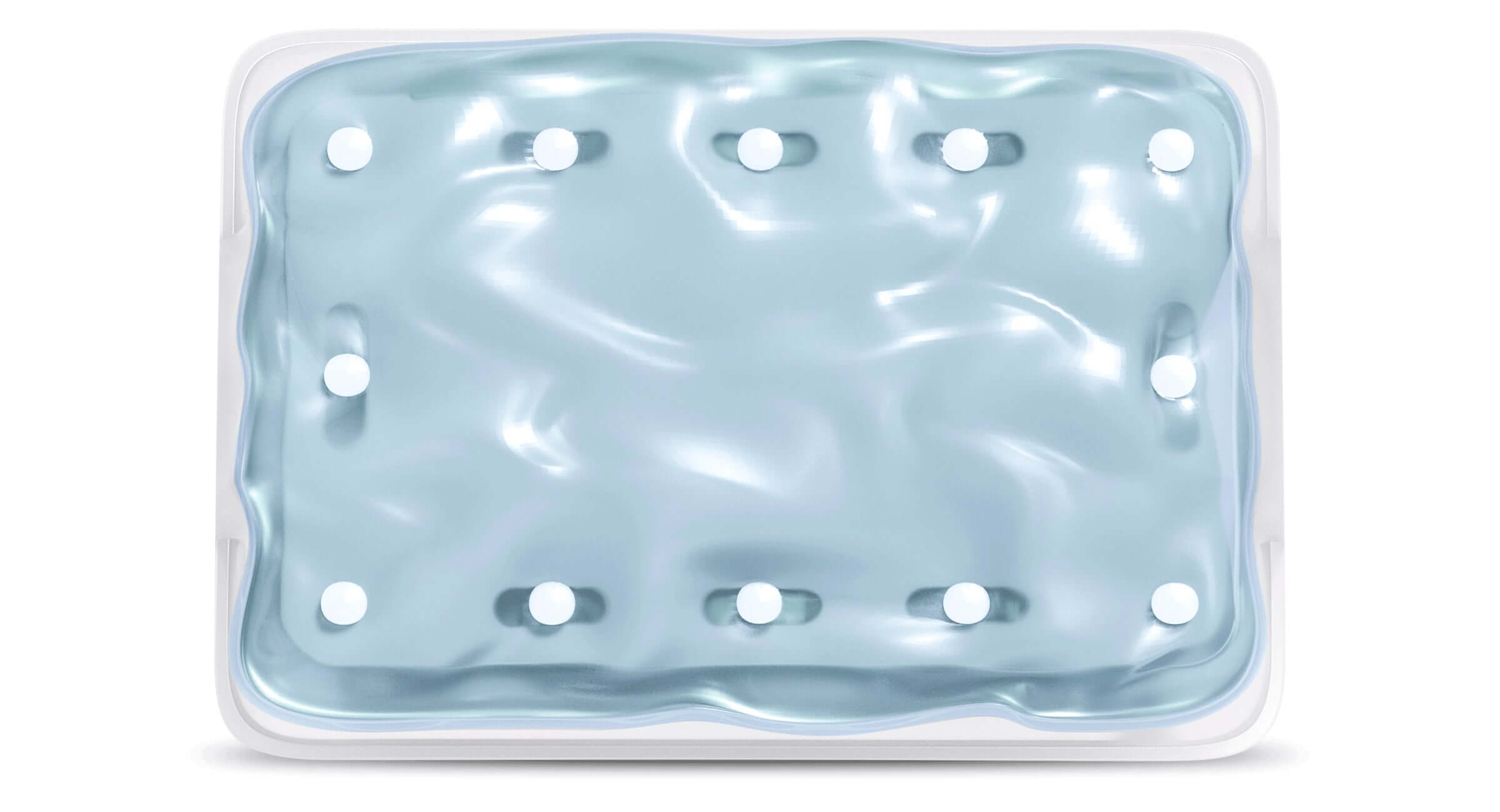 Overhead view of an empty light blue rectangular hot tub with jets.