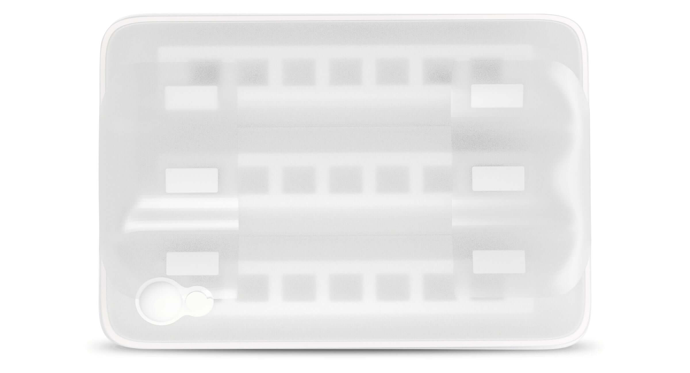 White plastic soap dish with drainage holes and a raised section, suitable for bathroom use.