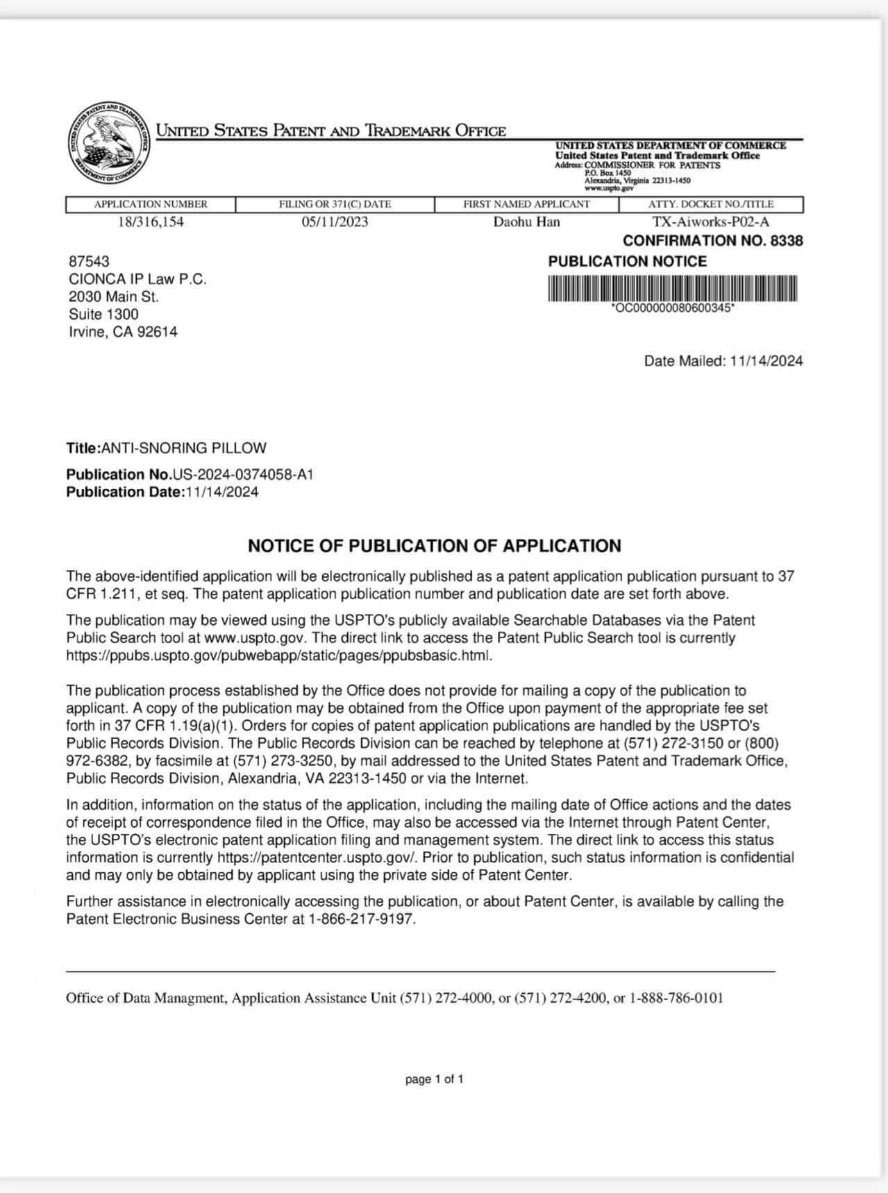Image of a USPTO patent publication notice for an anti-snoring pillow, including publication details and filing information.