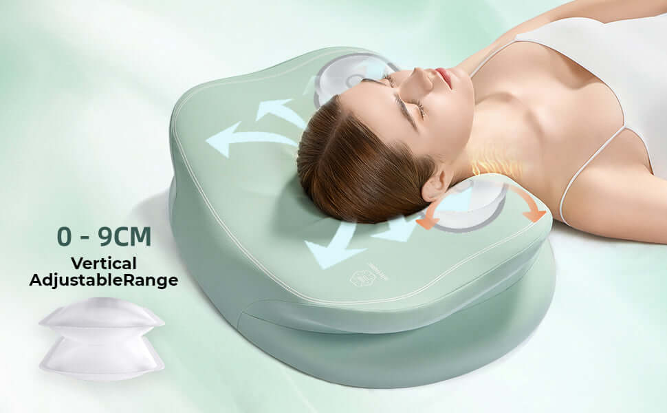 Woman using adjustable ergonomic pillow with 0-9cm height range for neck support and comfort in a relaxing position.
