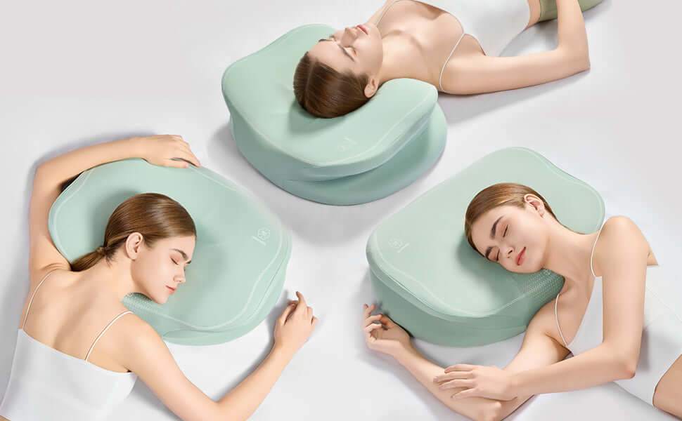 Three women demonstrating different sleeping positions on ergonomic memory foam pillows.