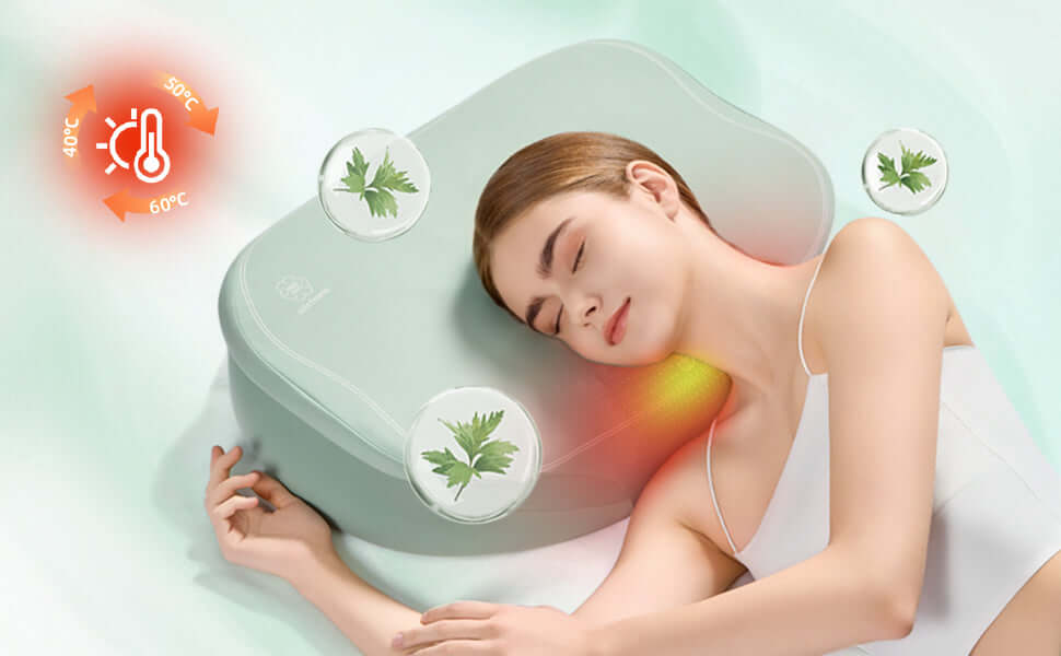Woman using a contour pillow with heating and herbal elements for neck support and relaxation.