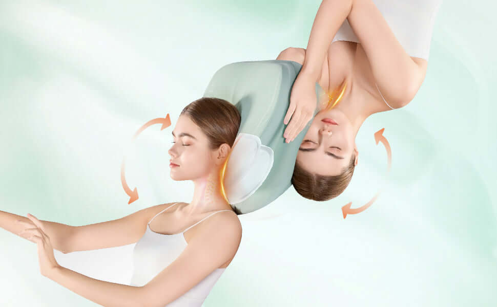 Illustration of a woman using an ergonomic pillow to support neck and head alignment for better sleep quality.