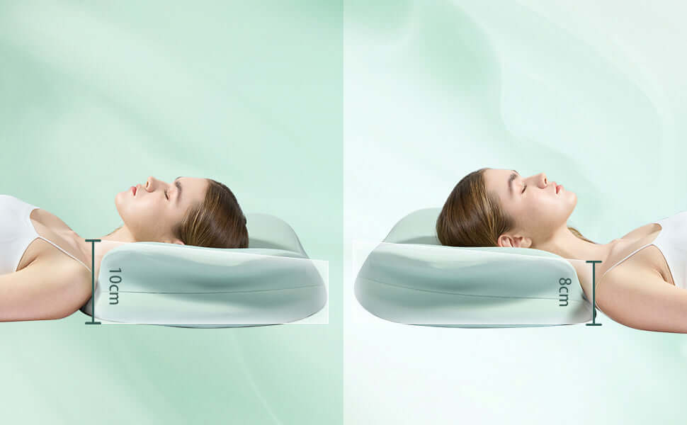 Ergonomic pillow comparison showing 10cm and 8cm thickness for optimal neck support and comfort while sleeping.