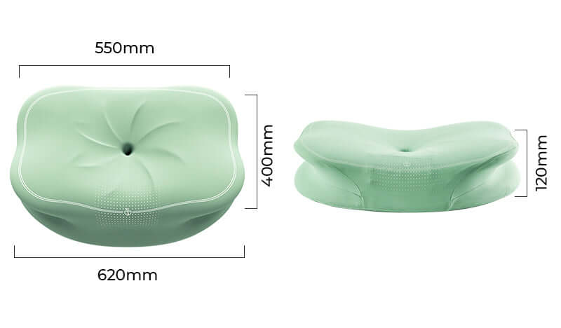 Green orthopedic seat cushion with dimensions 620mm by 400mm by 120mm, featuring ergonomic design for posture support.