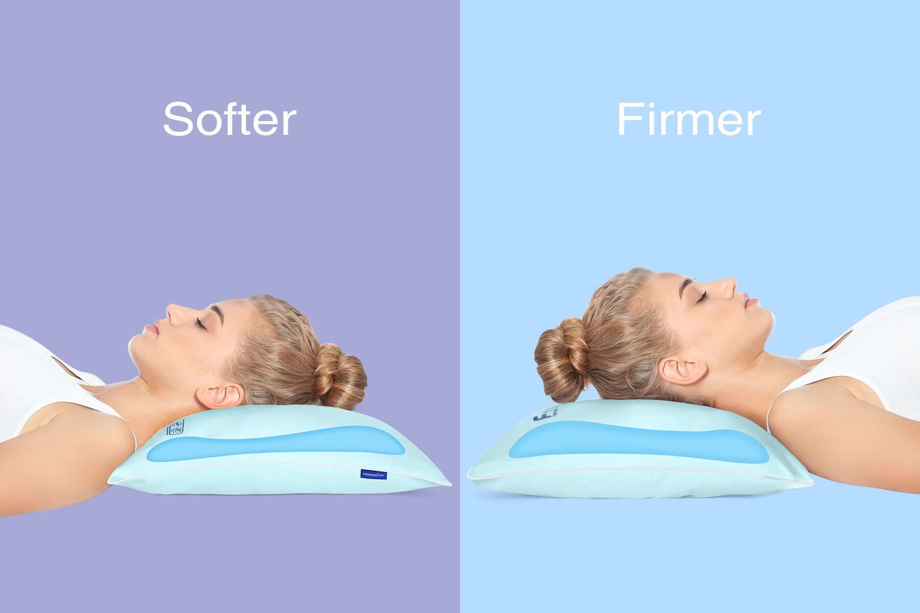 Comparison of two pillows: softer on the left, firmer on the right, with a woman resting on each, demonstrating comfort options.