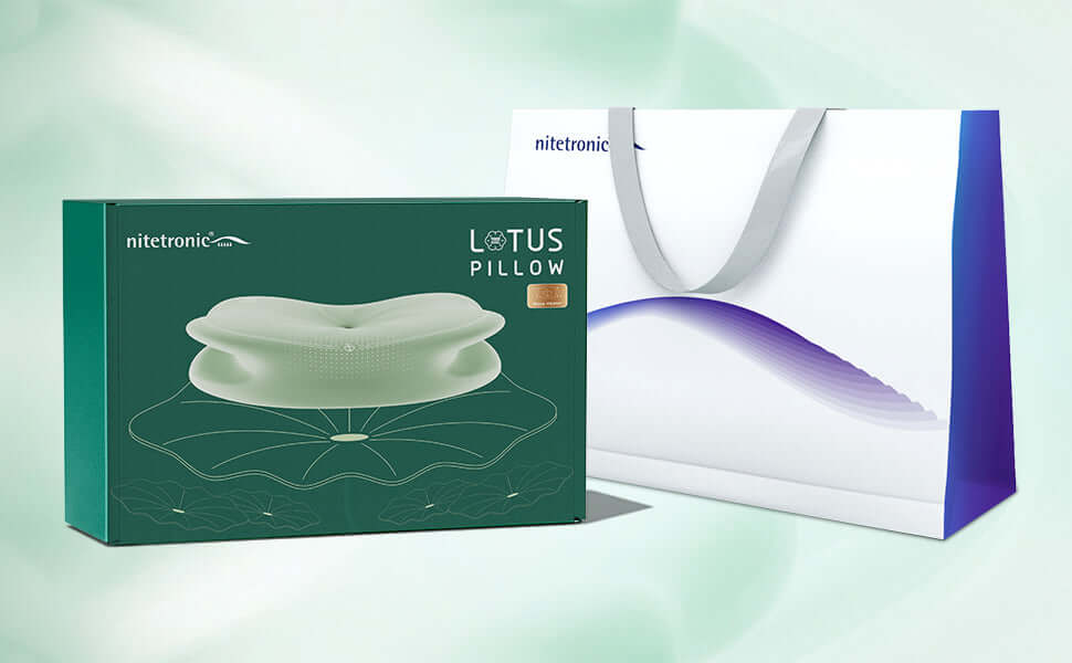 Nitetronic Lotus Pillow packaging with a stylish shopping bag on a light green background.