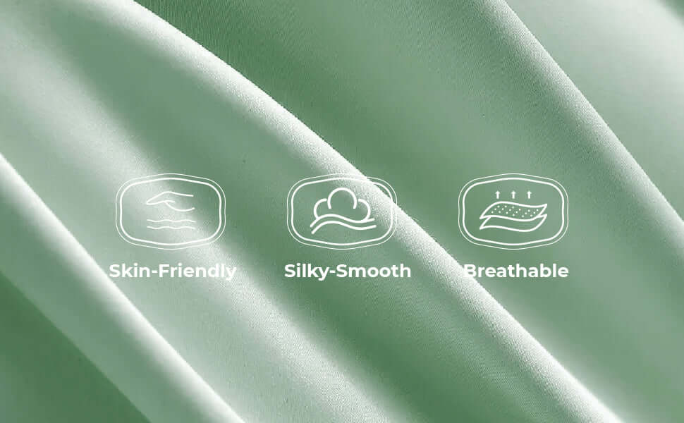 Green fabric with icons illustrating skin-friendly, silky-smooth, and breathable qualities.