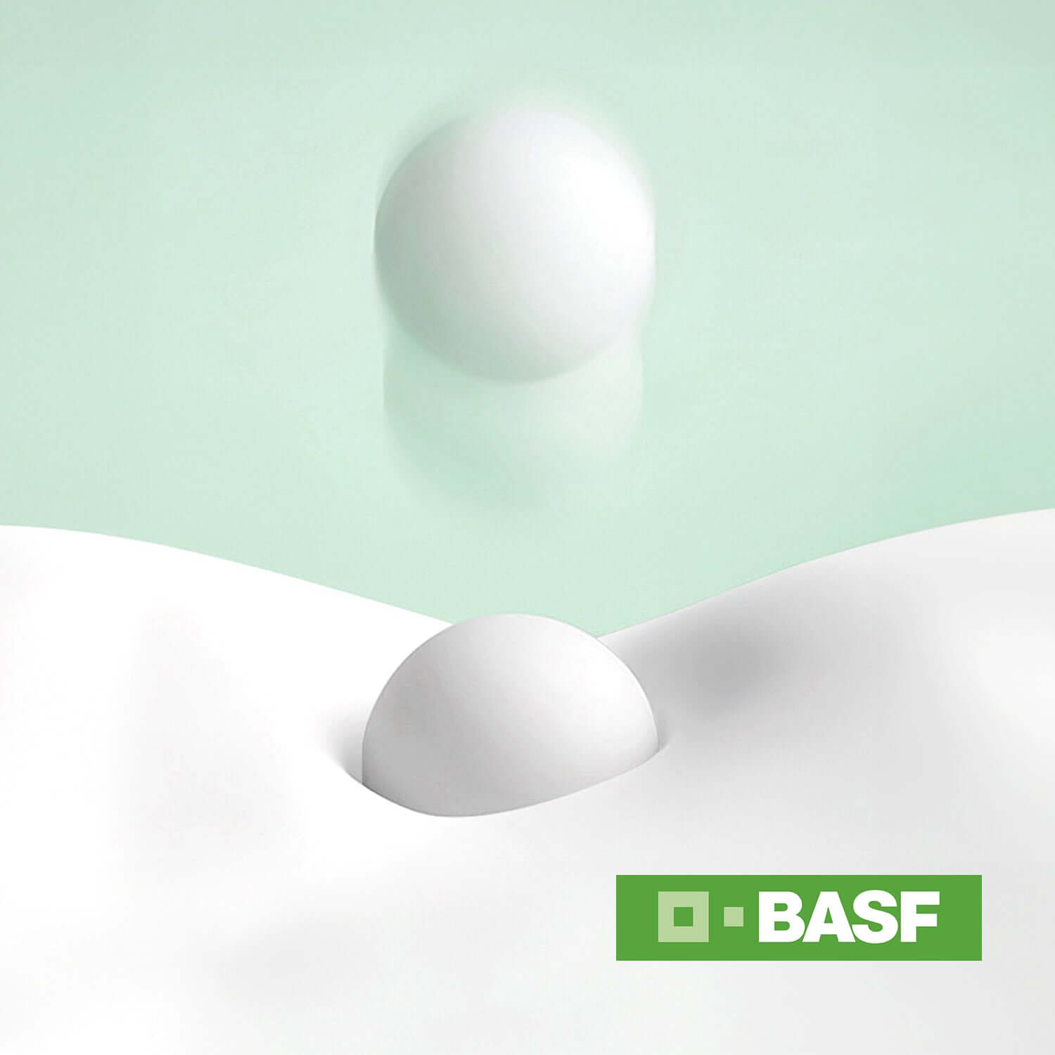 Minimalist abstract image with a white sphere and BASF logo on a green and white background.