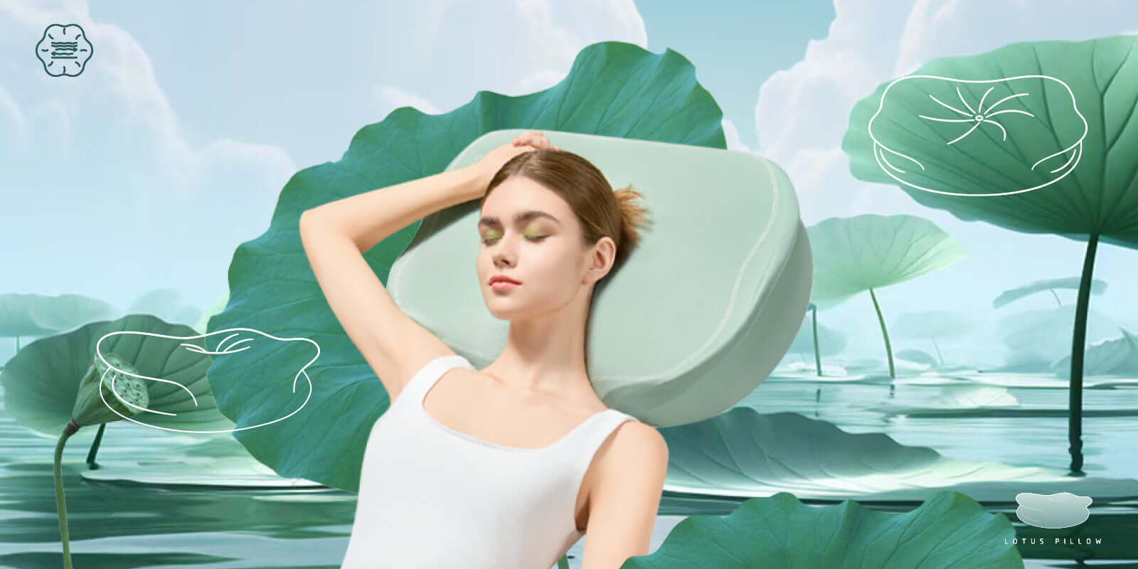 Woman relaxing on a memory foam pillow amidst serene lotus leaves background