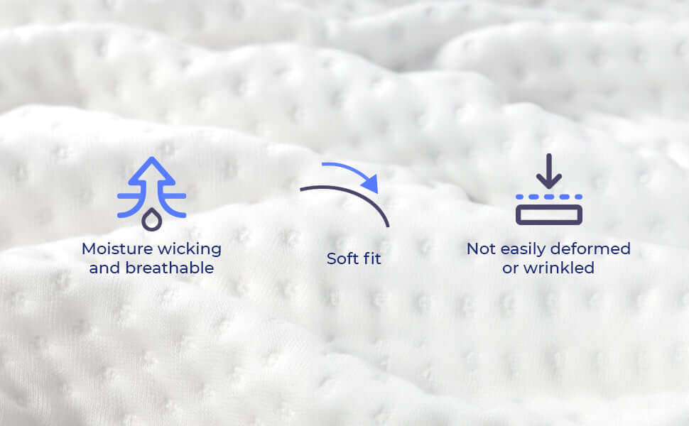 Moisture-wicking fabric features icons for breathability, soft fit, and wrinkle resistance.